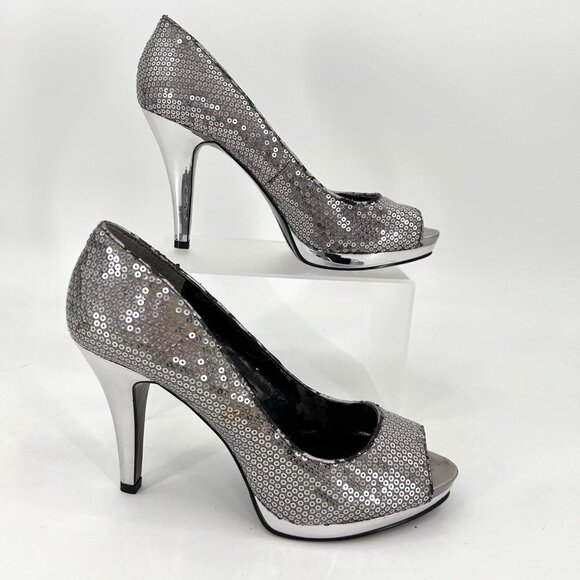 NWT NINE WEST METALLIC SILVER HEEL SEQUIN OPEN TOE HEELS - 7 - Picture 3 of 16